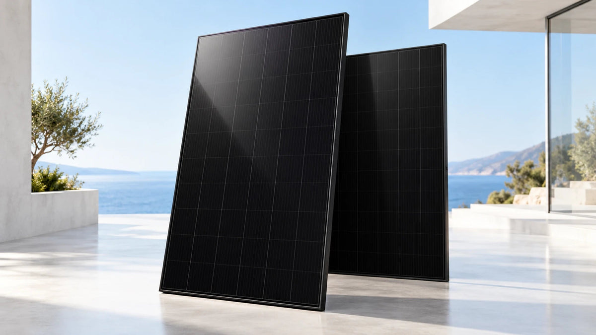 Full-Black-Solarmodule mit schwarzem Rahmen und einheitlich dunkler Zellfläche.