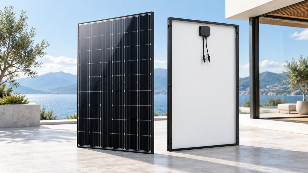 Glas-Folie-Solarmodul mit dunkler Vorderseite und weißer Rückseitenfolie im Studio.
