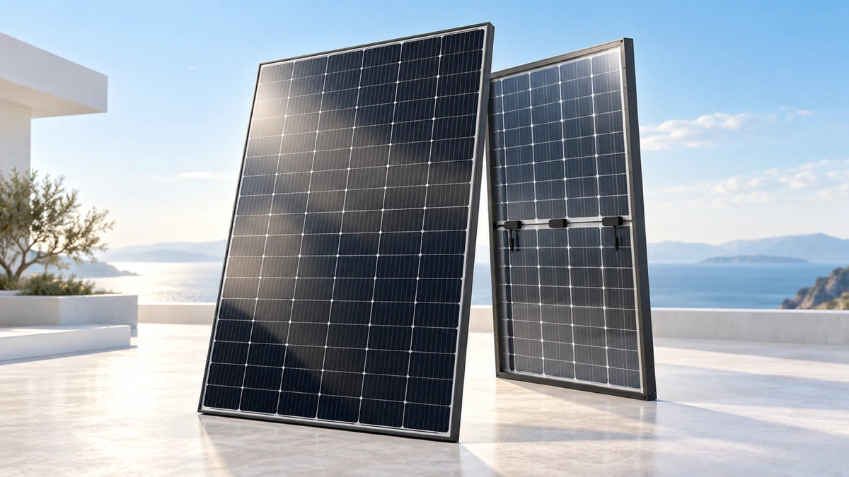 Bifaziales Glas-Glas-Solarmodul über hellem Untergrund mit sichtbarer Vorder- und Rückseite.