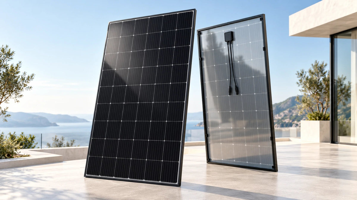 Glas-Glas-Solarmodul als illustrative Ansicht mit Glas auf Vorder- und Rückseite.