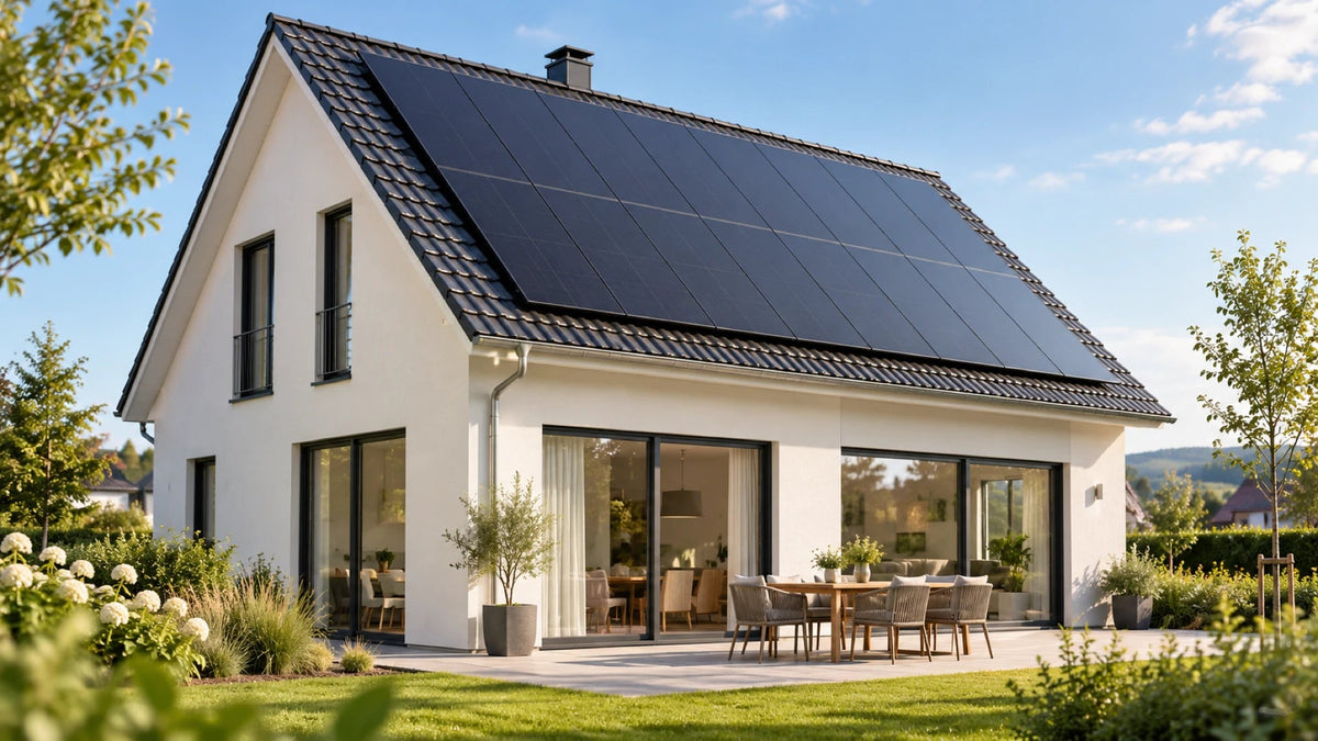 Einfamilienhaus mit einer Photovoltaikanlage auf dem geneigten Hausdach.