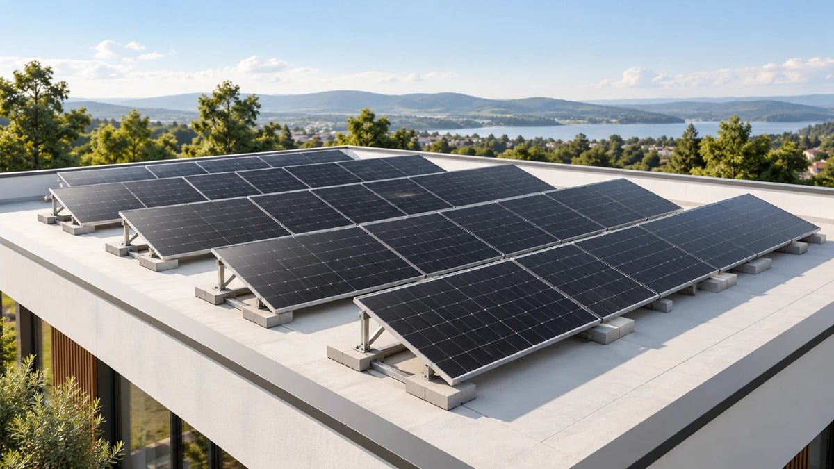 Aufgeständerte Solarmodule auf einem Flachdach mit Reihenabstand und freiem Dachrand.