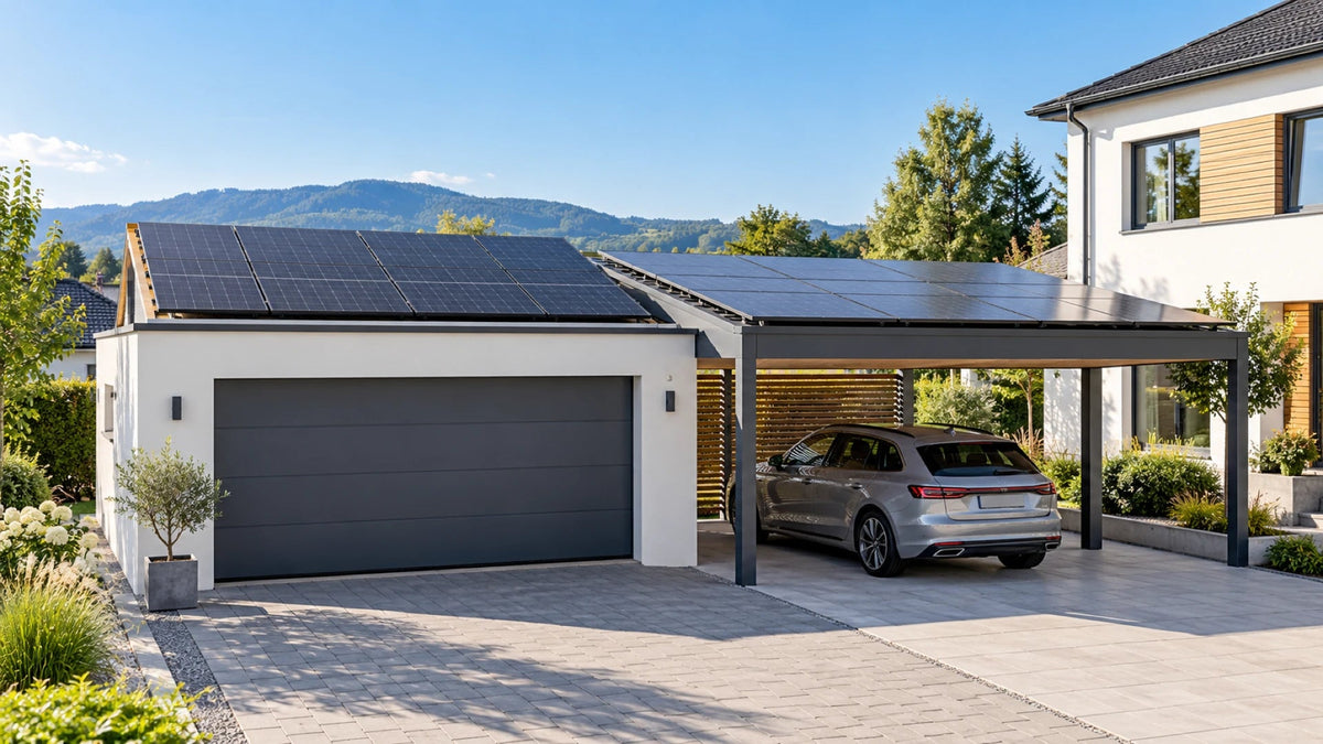 Garage und offener Carport mit Solarmodulen auf den Dachflächen neben einem Wohnhaus.