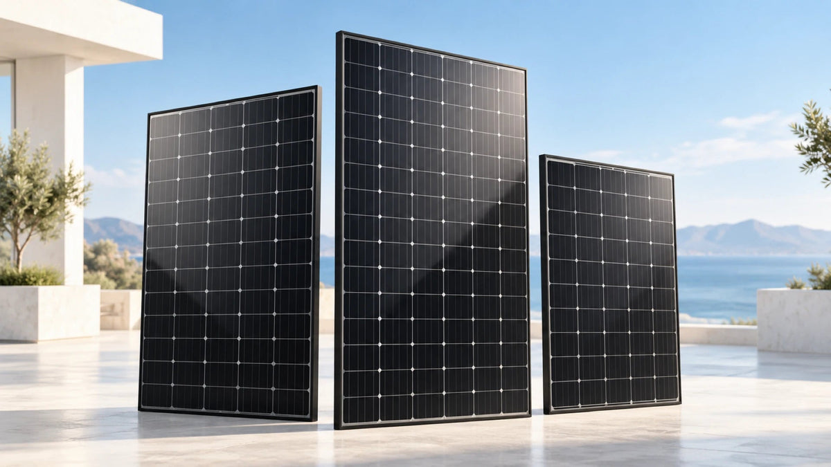 Drei Solarmodule in unterschiedlichen Formaten als Motiv für die Auswahl nach Modulleistung.