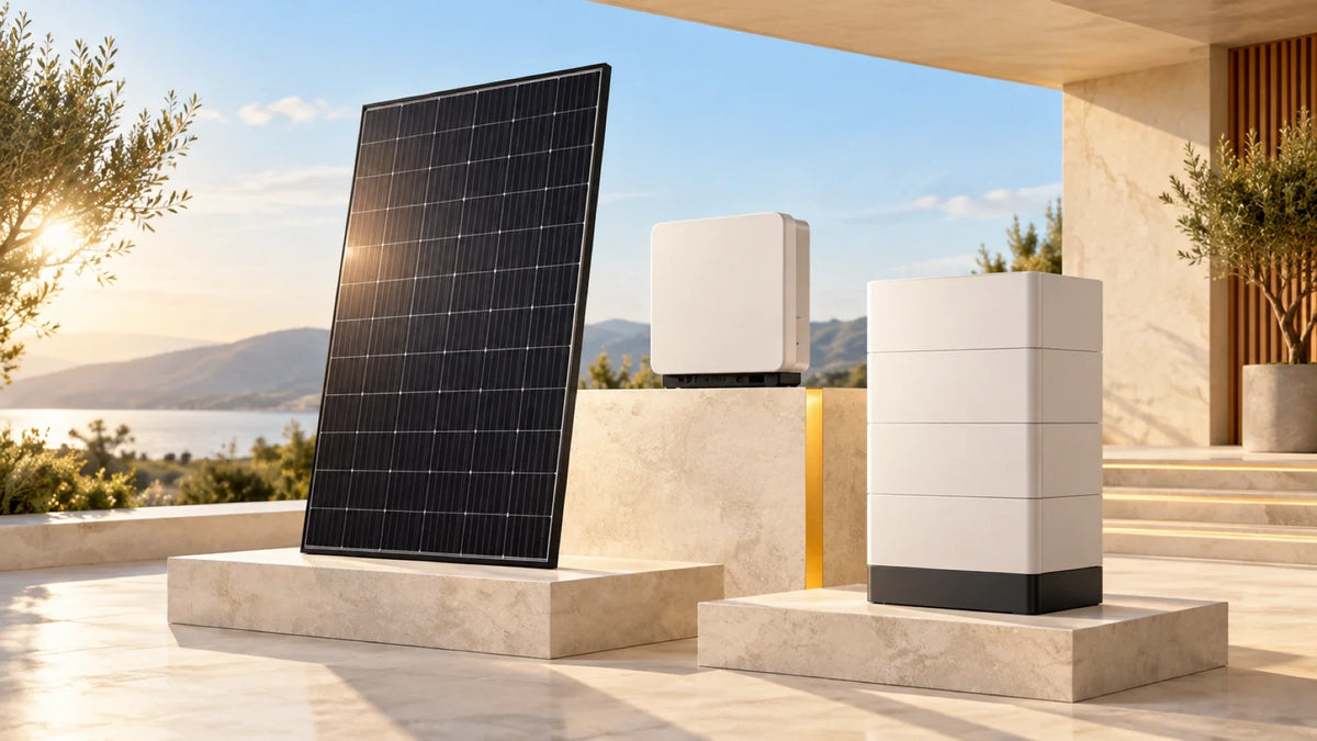 Solarmodul, modularer Batteriespeicher und Wechselrichter auf hellen Präsentationspodesten.