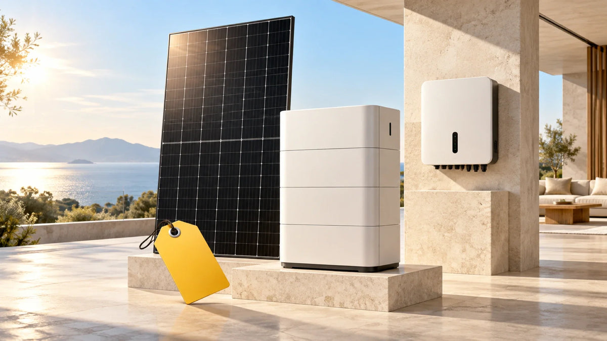 Solarmodul, Batteriespeicher und Wechselrichter mit einem gelben Preisanhänger als Symbol für PV-Angebote.